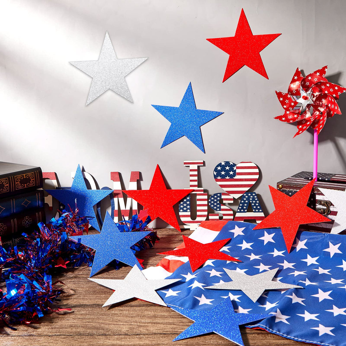 Gejoy 80 Pieces Red White Blue Glitter Stars Cutouts Patriotic 6 Inch Paper Star Decorations for 4th of July Independence Day Bulletin Board Classroom Decorations, Memorial Veterans Day Party Supplies