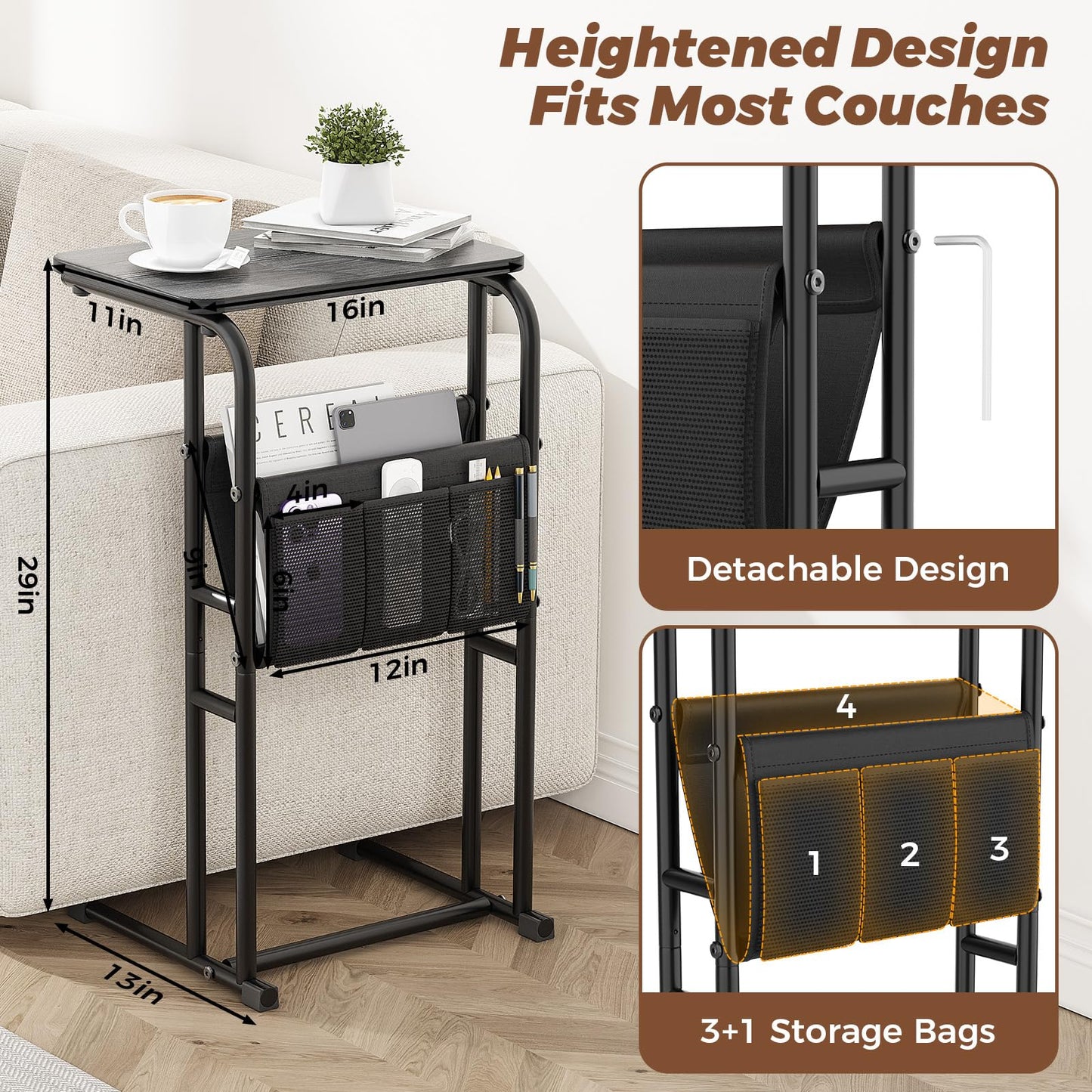 Olldide C-Shaped End Table with Storage Bag, Slide Under Couch Sofa Side Table, Metal Frame for Living Room, Bedroom, Bedside, Small Space (Black)