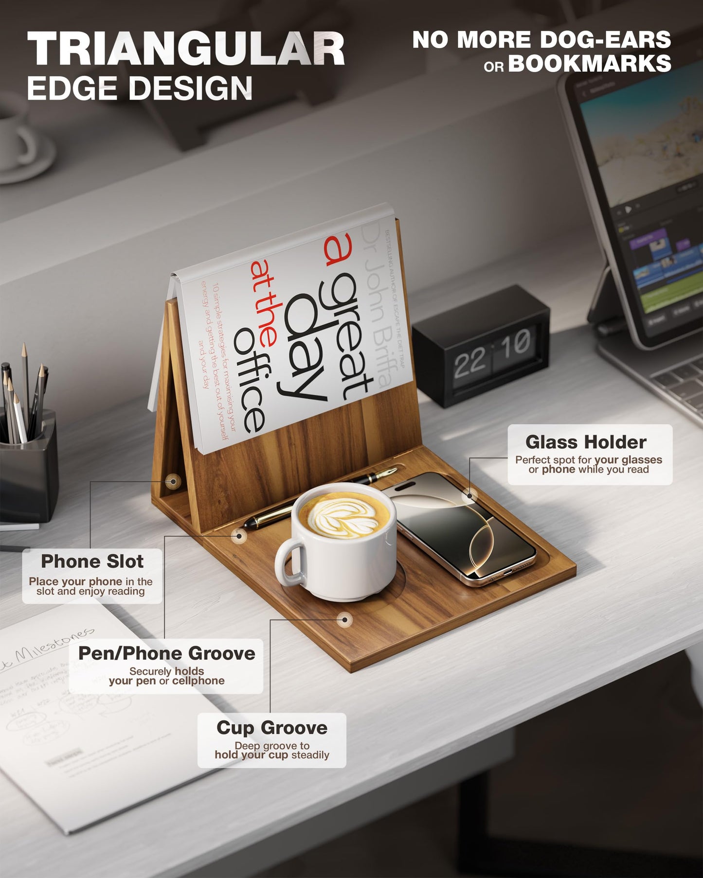 NAGAWOOD Triangle Book Holder, Wooden Book Stand for Reading Rest, Acacia Foldable Book Nook Reading Valet, Triangle Book Stand with Cup, Pen, Glasses and Phone Holder for Bedroom, Nightstand