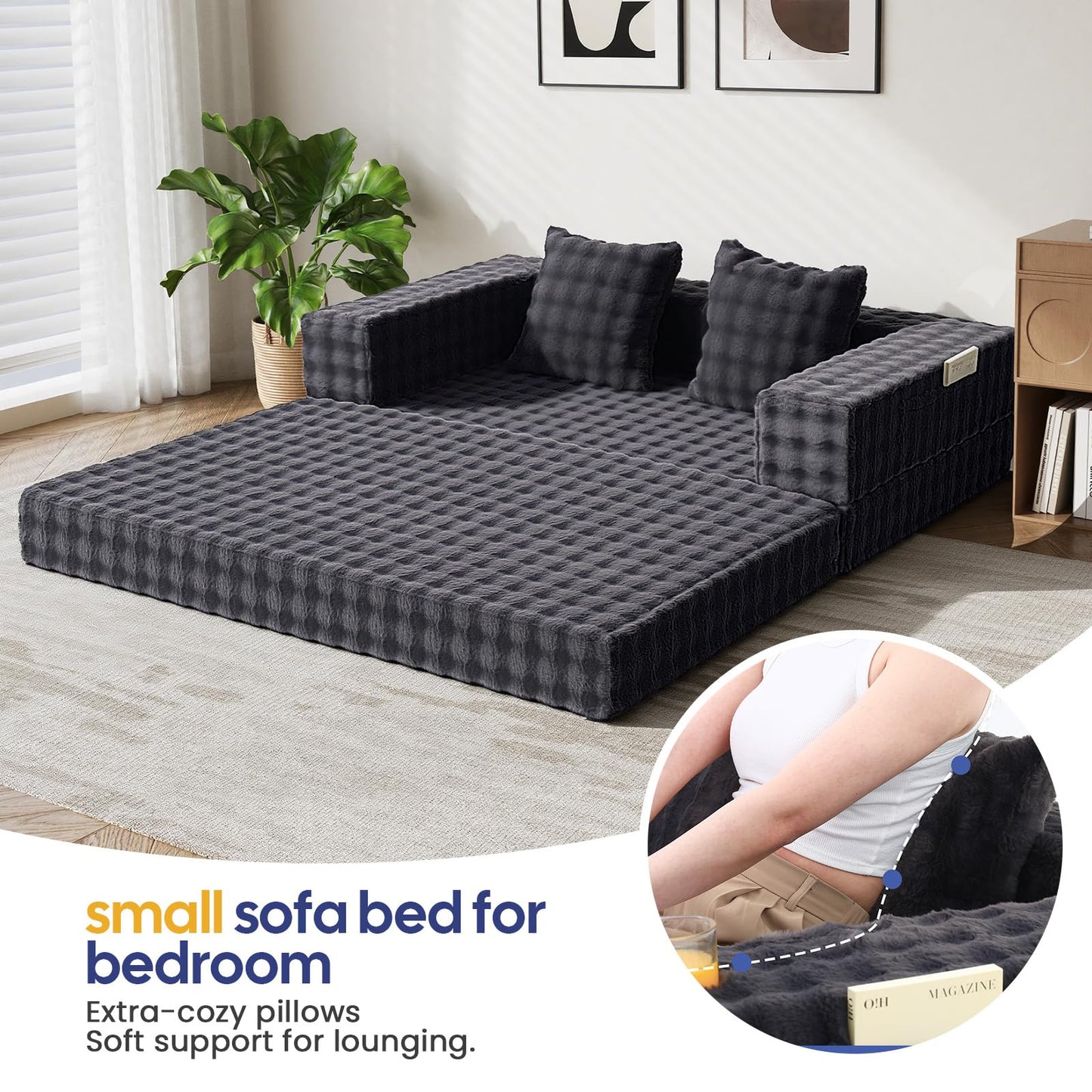 COMAX Futon Sofa Bed, 4‑in‑1 Convertible Sofa Bed, Folding Boneless Couches for Living Room, Fold Out Small Foldable Loveseat Floor Sleeper Comfy Mattress Lounge Space‑Saving, Ash Gray