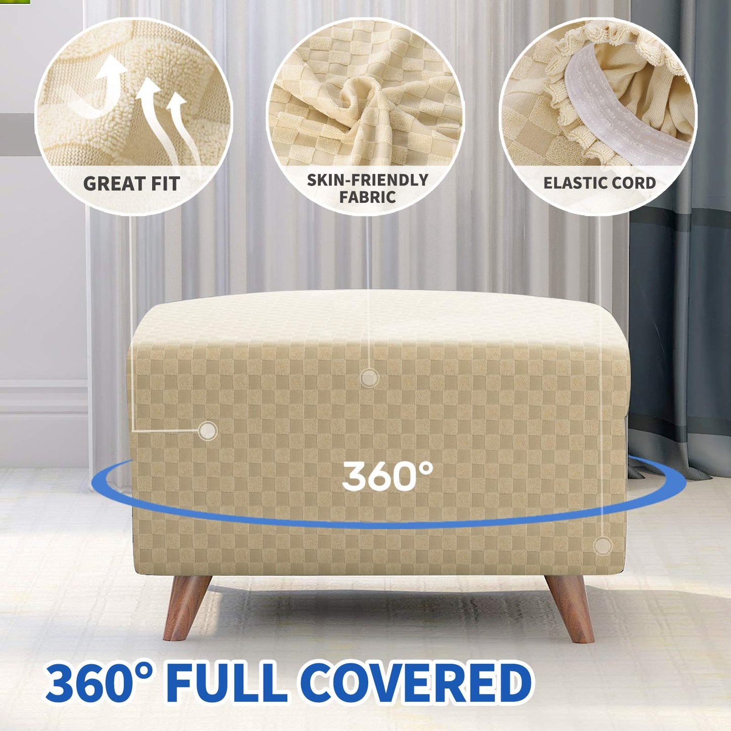MAXIJIN Jacquard Ottoman Cover Slipcovers Folding Storage Stool Furniture Protector Cover Soft Thick Rectangle Foot Rest Slipcover with Elastic Bottom (Ottoman X-Large, Light Beige)