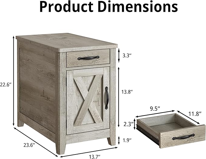 IRONCK End Table with Charging Station, Narrow Side Table