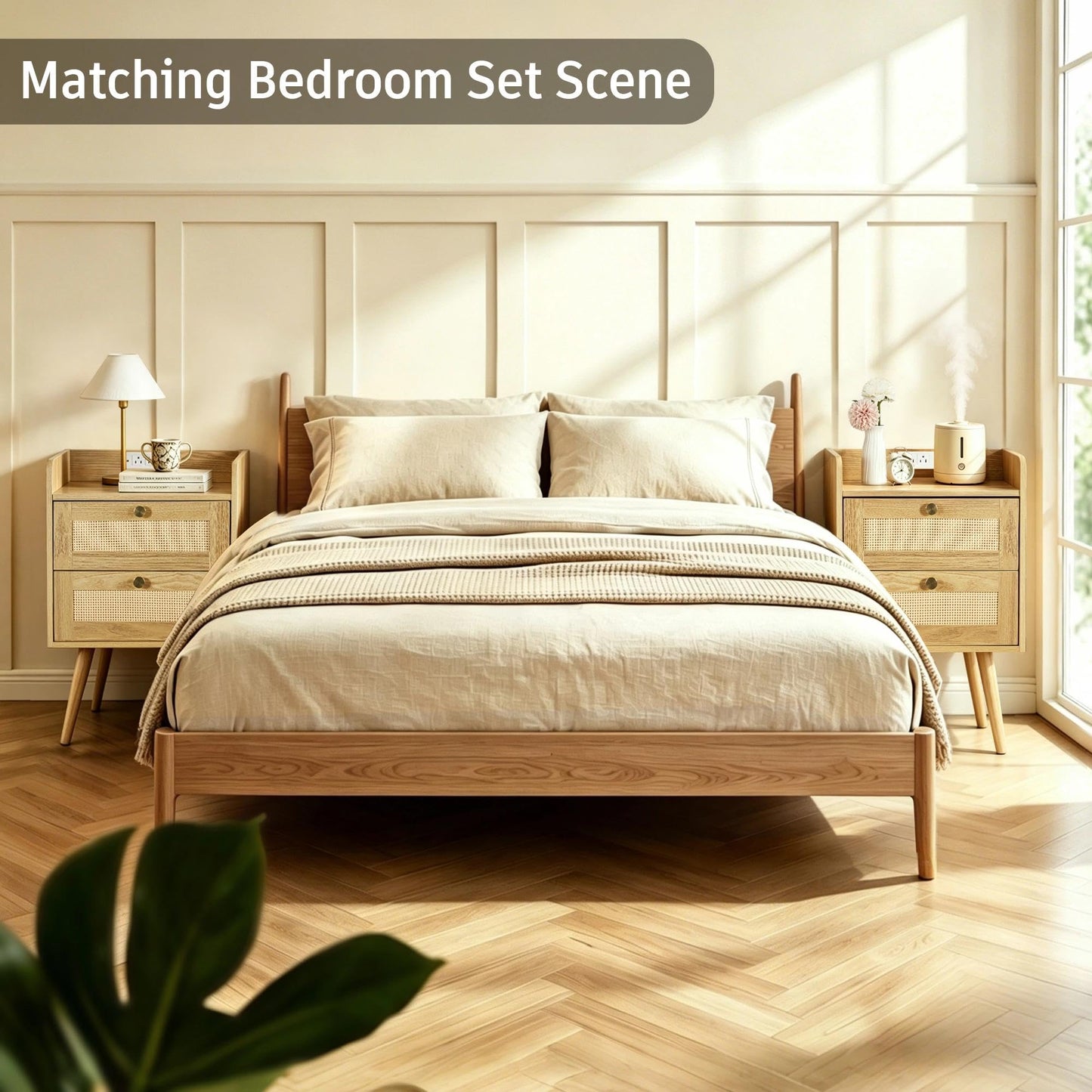 Nightstands Set of 2 with Charging Station, Modern Boho Rattan Bedside Tables with 2 Drawers,Open Storage End Tables for Bedroom, Small Spaces and Dorm, Solid Wood Legs,Natural