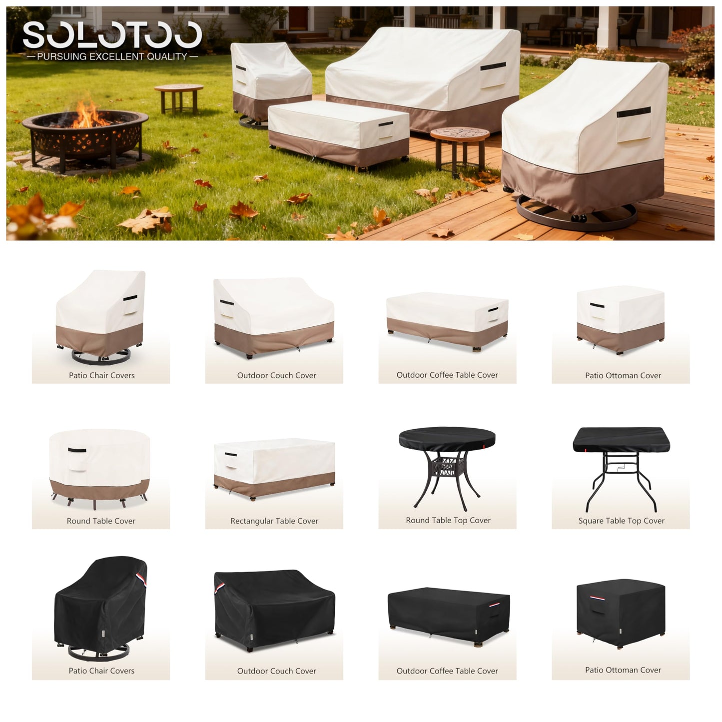 SoloToo Round Outdoor Table Cover Waterproof Heavy Duty Patio Furniture Covers, Round Patio Table Chair Set Covers - 42" Dia x 28" H (Beige & Brown)