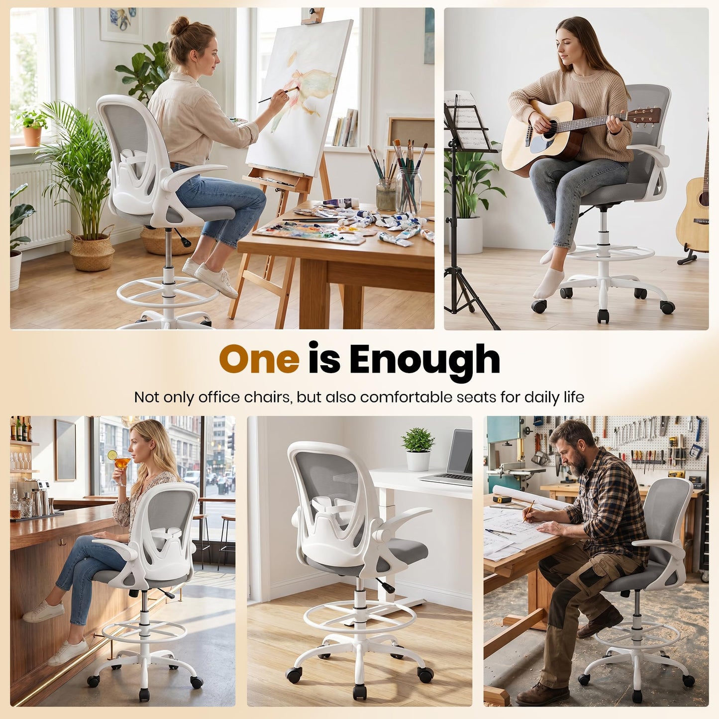 Ergonomic Drafting Chair with Flip-Up Armrests & Adjustable Footrest – Tall Office Chair for Standing Desks, Lumbar Support, Gray – Home & Office Comfort