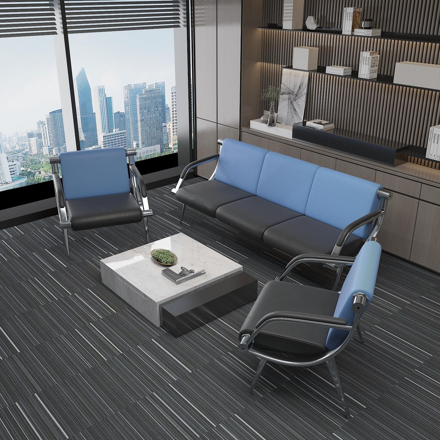 wonline Waiting Room Chair with Armrest PU Leather Office Furniture, Office Guest Seating Lobby Conference Reception Chairs for Airport Clinic Hospital Bank Salon Barber(Blue&Black)
