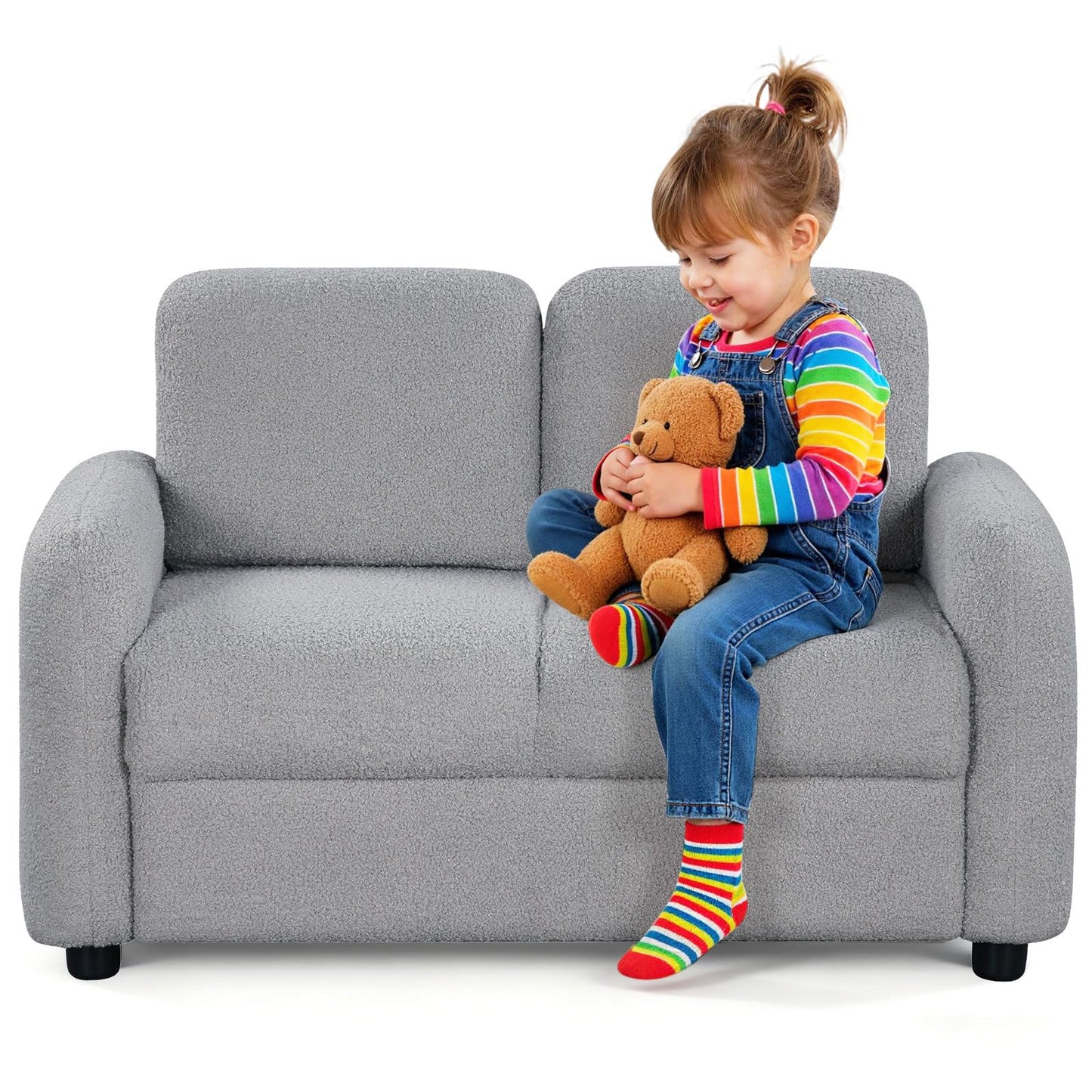 Costzon Kids Couch, 2 Seat Toddler Armrest Chair w/Teddy Fleece Upholstery & Solid Wooden Frame, Double Seat Children's Sofa for Preschool, Bedroom, Playroom, Daycare, Ideal Gift for Girls Boys