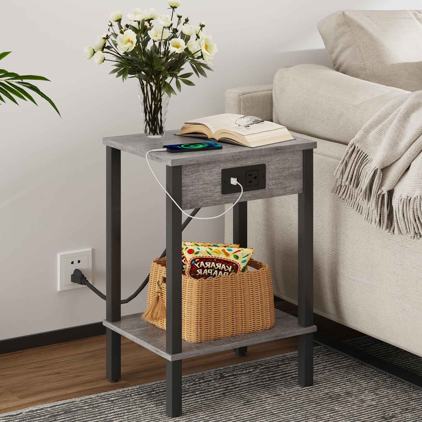 VIMBER Side Table with Charging Station, Set of 2 End Tables with USB Port and Outlets, Nightstands with 2-Tier Storage Shelves, Sofa Table for Small Space, Living Room, Bedroom, Grey 102H2