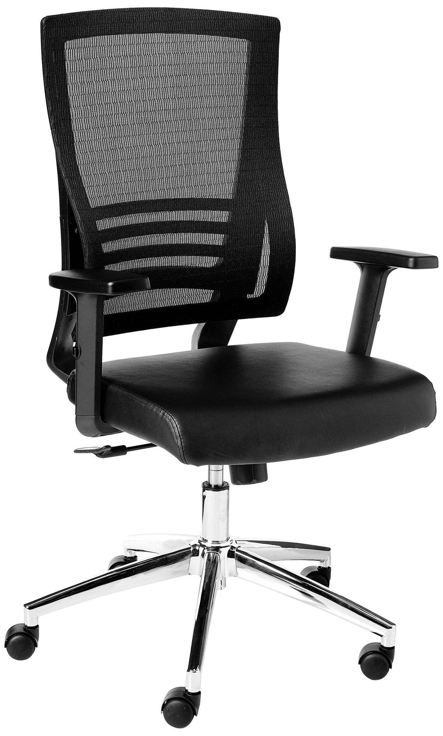 Office Star Mesh Back Office Chair with 2-to-1 Synchro Tilt Control and Adjustable Padded Arms, Black Bonded Leather with Chrome Frame