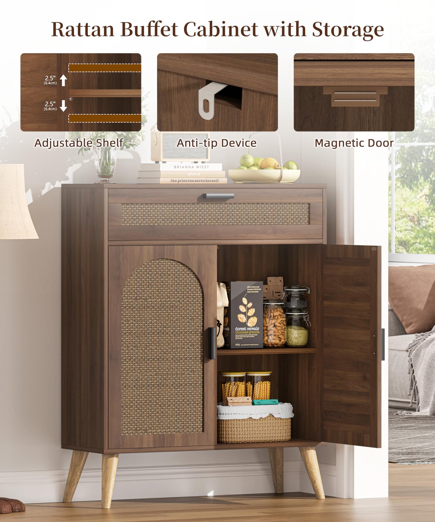 Kaiershi Rattan Buffet Cabinet with Storage, Sideboard with Drawer & Adjustable Shelf, Accent Kitchen Floor Storage Cabinet with 2 Doors & Solid Wood Feet, Coffee Bar for Living Room, Entryway, Walnut