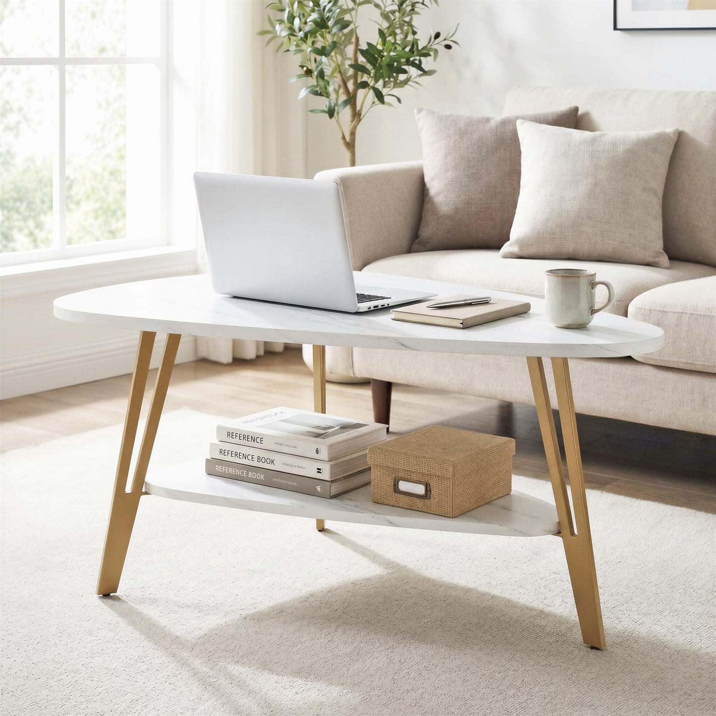 MWOOD Triangle Coffee Table, 33.5″‌ Mordern Center Table with Marble-Patterned Top&Golden Leg, Extra Storage Shelf for Living Room, Apartment(White&Gold)