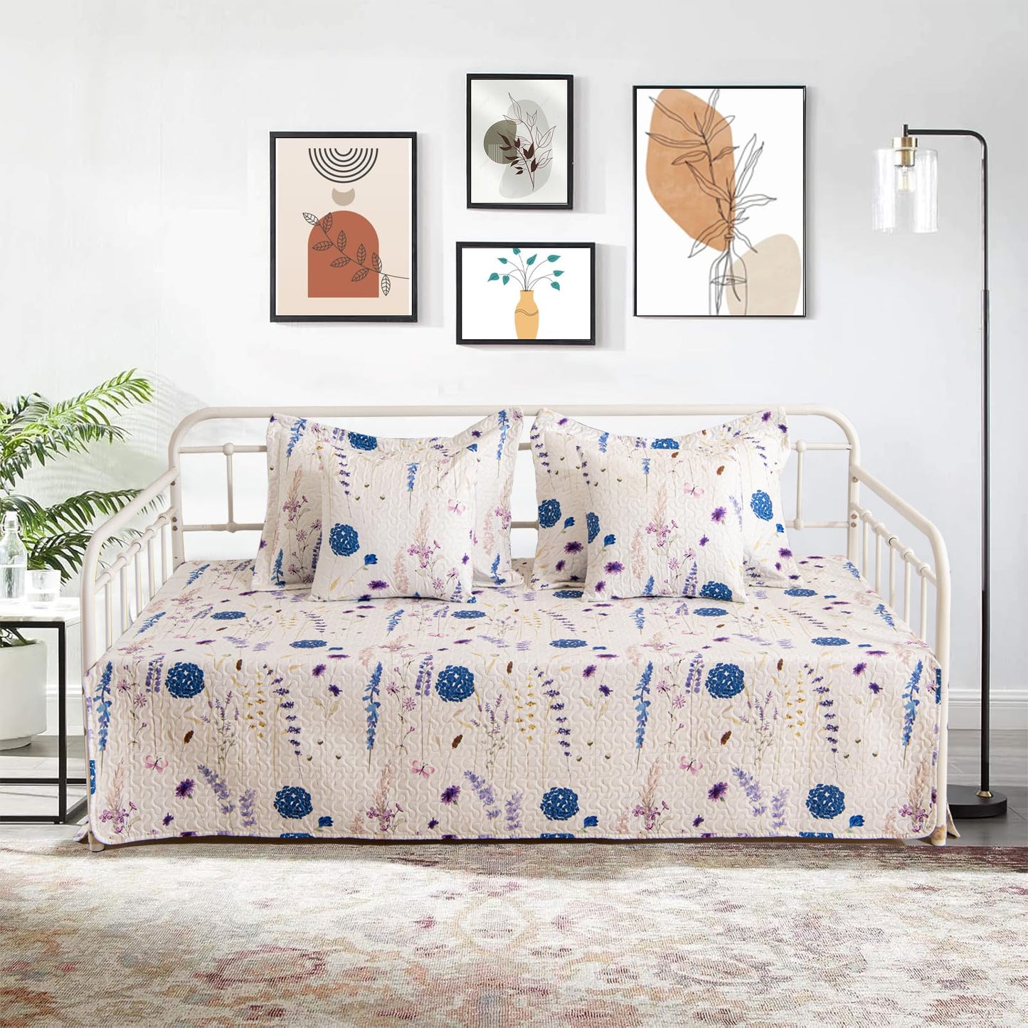 TieyaChkis 5 Piece Floral Daybed Cover Set Twin Daybed Bedding Sets for All Season Lightweight Flower Day Bed Comforter with Matching Shams&Decorative Pillows,39"x75"