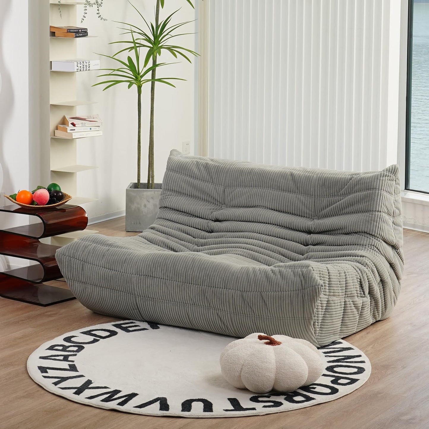 N&V Fireside Loveseat, Mid Century Armless Twin Size Floor Sofa, Soft Premium Corduroy Floor Lounge Chair, Foam Sofa Accent Chair for Living Room Bedroom and Office, Harbour Grey