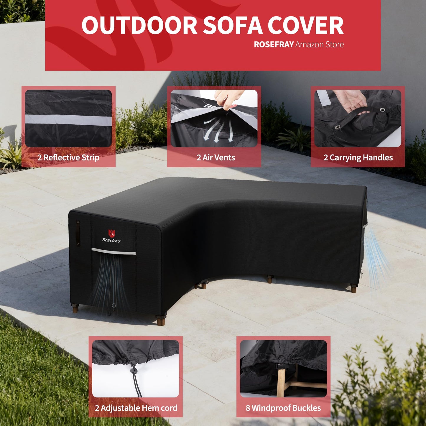 Rosefray 420D Outdoor V-Shaped Sectional Cover,Heavy Duty Anti UV Patio Sectional Sofa Cover with Air Vent, Waterproof Furniture Covers for Deck, Lawn,Backyard 100"x100" Black