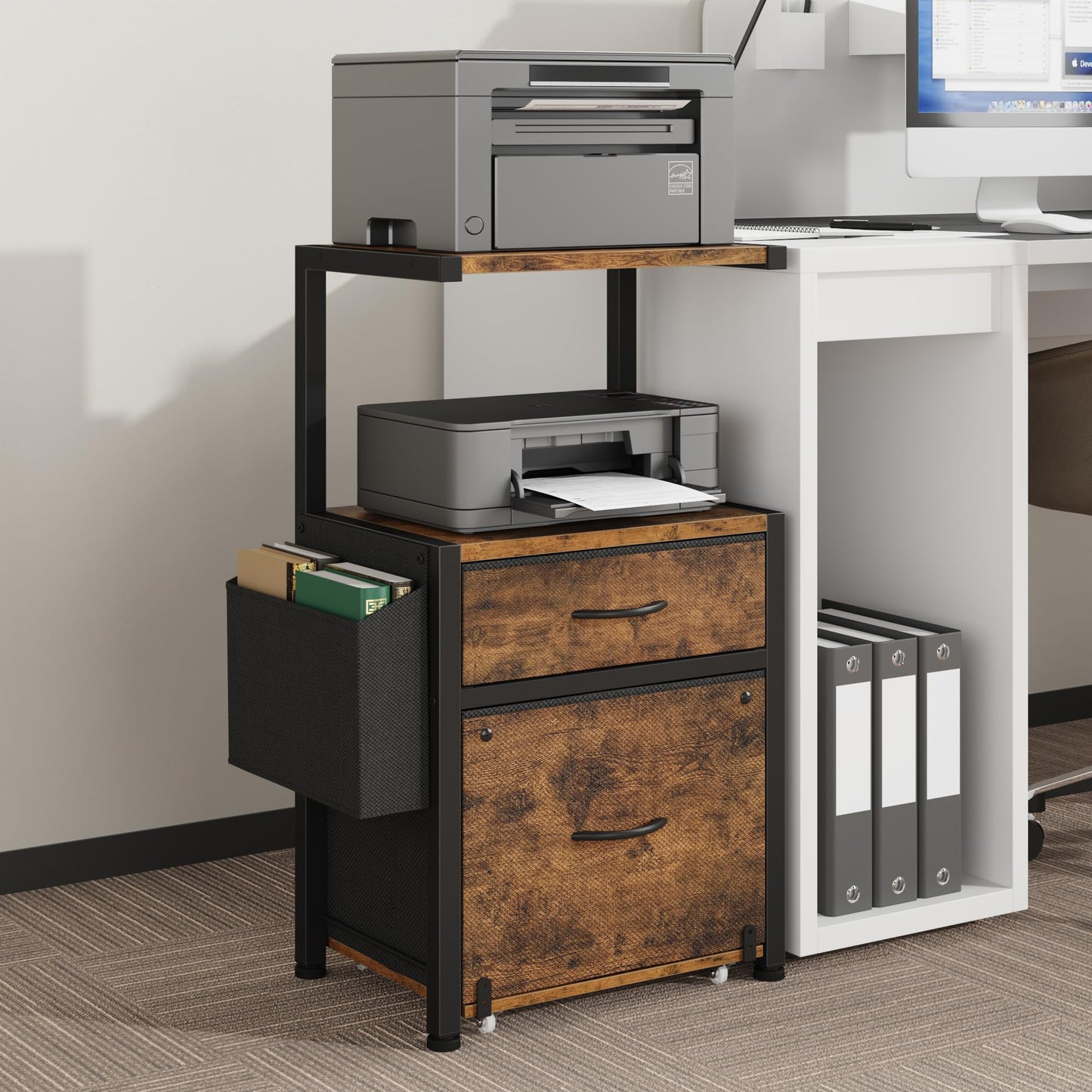 HIGDBFE File Cabinet with 2-Tier Shelf, Letter Size Drawer Filing Cabinet with Reversible Side Bag, Vertical Office Cabinet Printer Stand with Storage for Home Office, Rustic Brown, 16.5" W