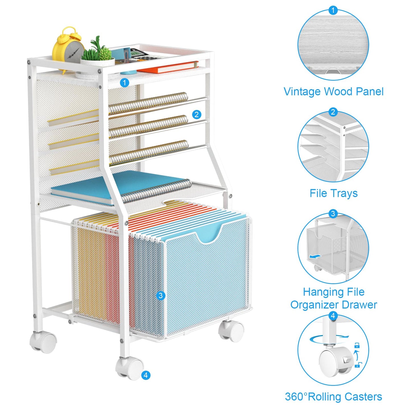 BOHDK Rolling File Cart, 6-Tier Desk File Organizer on Lockable Wheels, White Wood Planks & Mesh Sliding Hanging Folder Drawer, Organization Cart for Office Home School