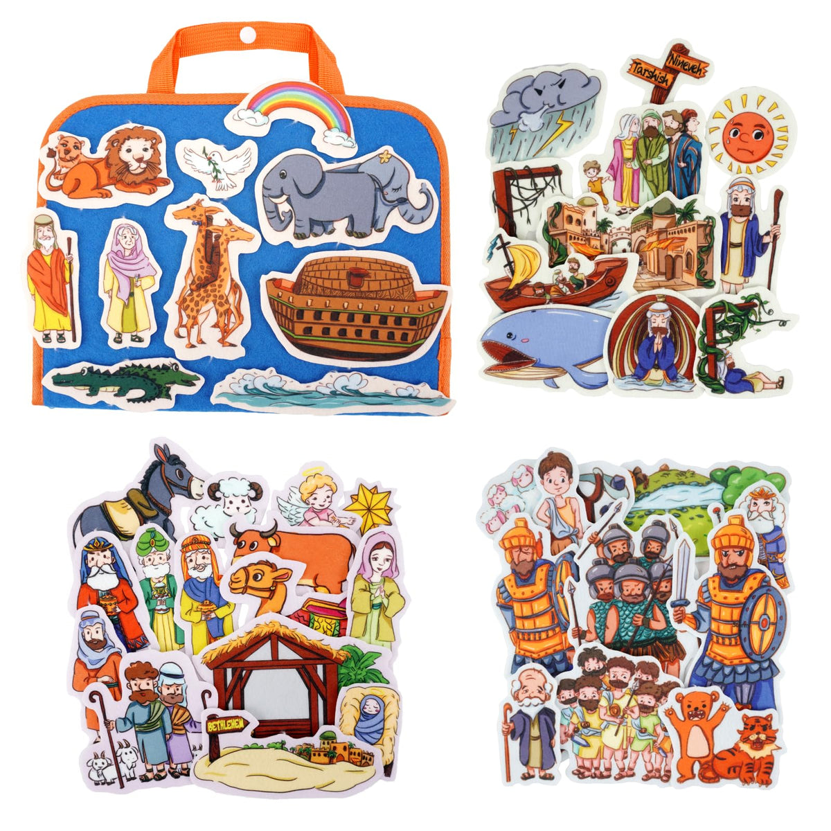 CHEFAN 4 Pack Felt Board Bible Stories Set, Flannel Board Stories Include Noah's Ark, Jonah and The Whale, David and Goliath, The Nativity of Jesus, 50 pcs Precut Flannel Graph Bible Toys for Kids