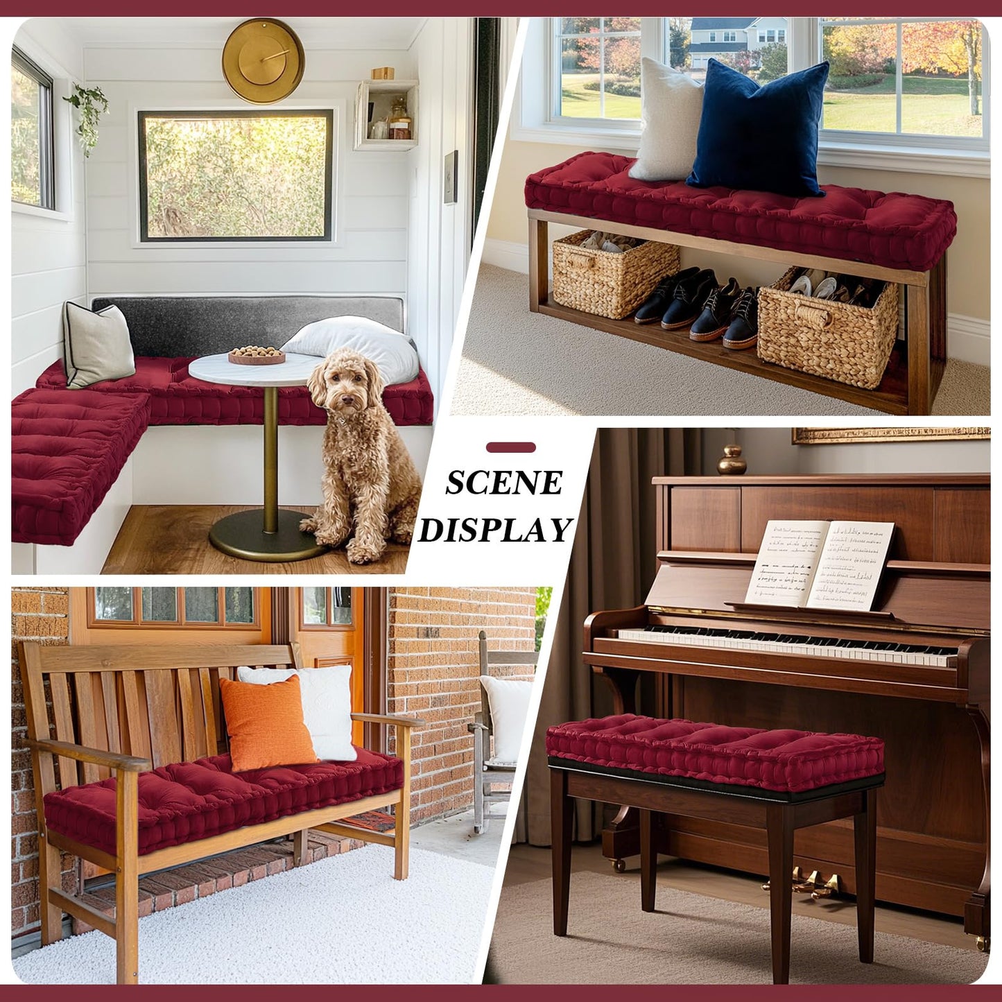 Threehoney Bench Cushions for Indoor Furniture 42x16 in Velvet Kitchen Dining Piano Window Seat Cushion, Tufted Patio Porch Swing Thicken Bench Pad Memory Foam for Christmas Decor(Dark Red)