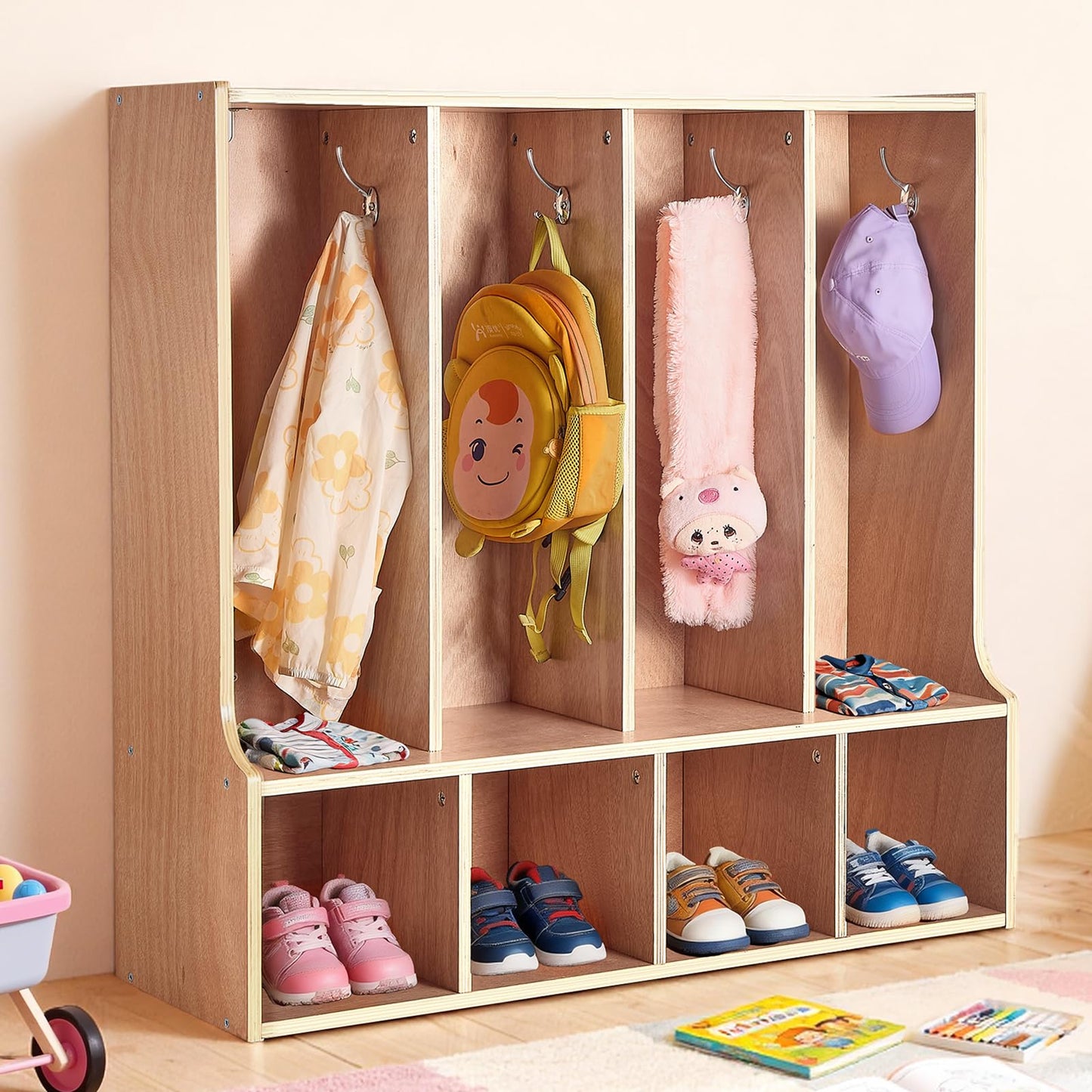 VEVOR 4-Section Coat Locker with Bench, Kids Lockers with 8 Hooks & Non-Slip Mat, Classroom Cubbies for Daycare, Home, Kindergarten- Natural