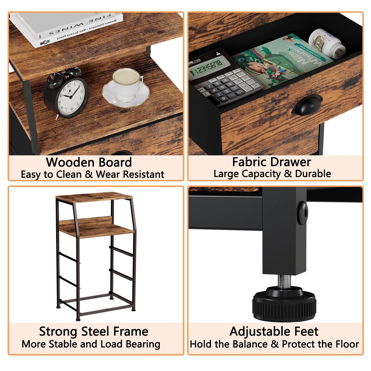 Furnulem Nightstand with 3 Drawers and 2-Tier Shelf, Fabric Small Dresser Organizer Vertical Storage Tower for Bedroom, Closet, Hallway, Nursery, End Table Side Furniture, Sturdy Steel Frame, Wood Top