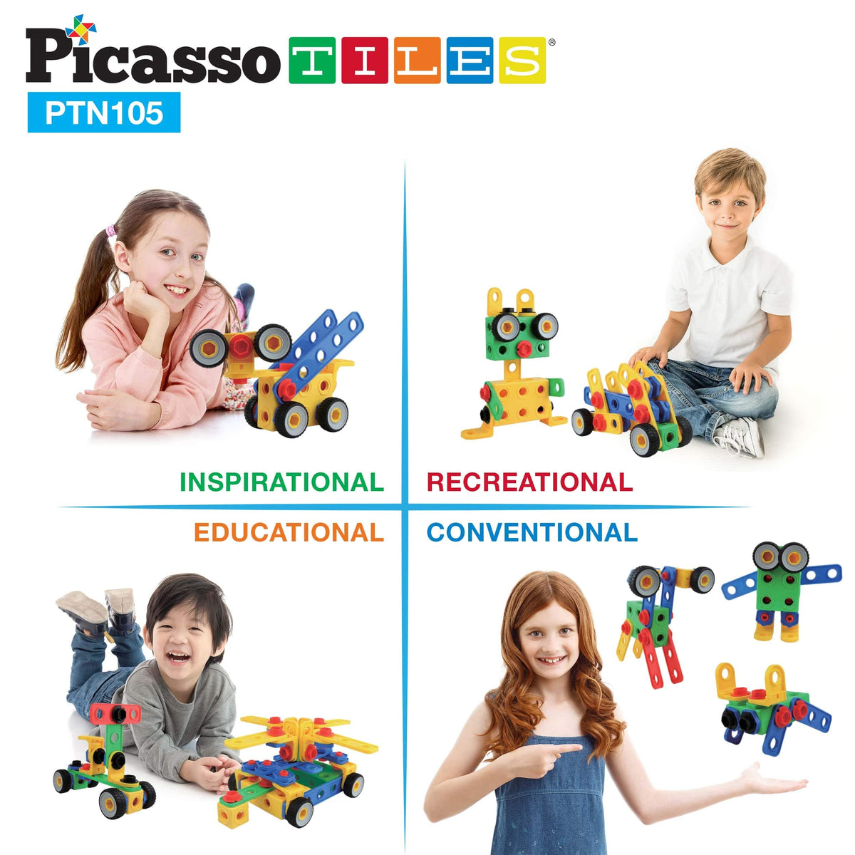 PicassoTiles STEM Learning Toys 105 Piece Building Block Set Kids Construction Engineering Kit Toy Blocks Children Early Education Playset w/IdeaBook, Power Drill, Clickable Ratchet, Age 3+ PTN105