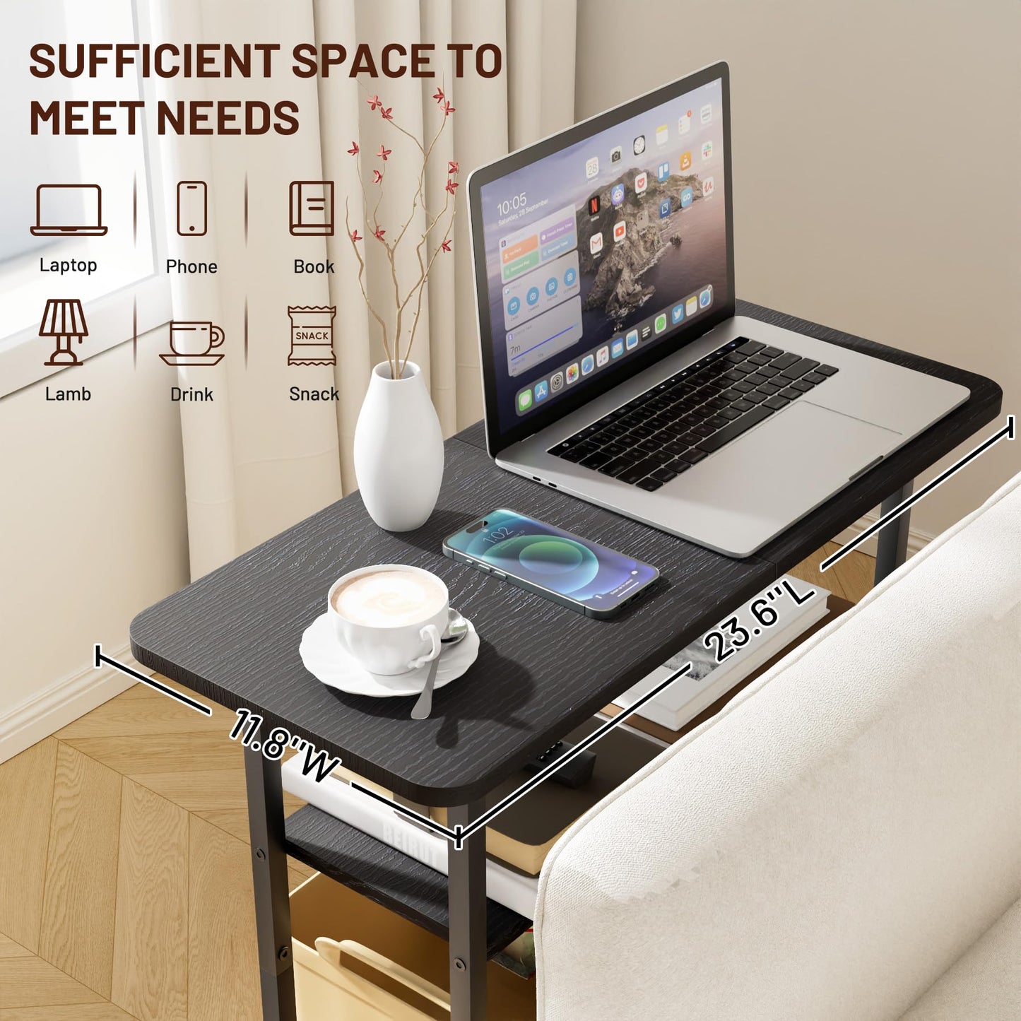SLEEPING LAMB Side Table for Living Room, 3-Tier End Table for Small Space with Wide Storage Tabletop, Classic Black Narrow Nightstand for Bedroom, Sofa Couch