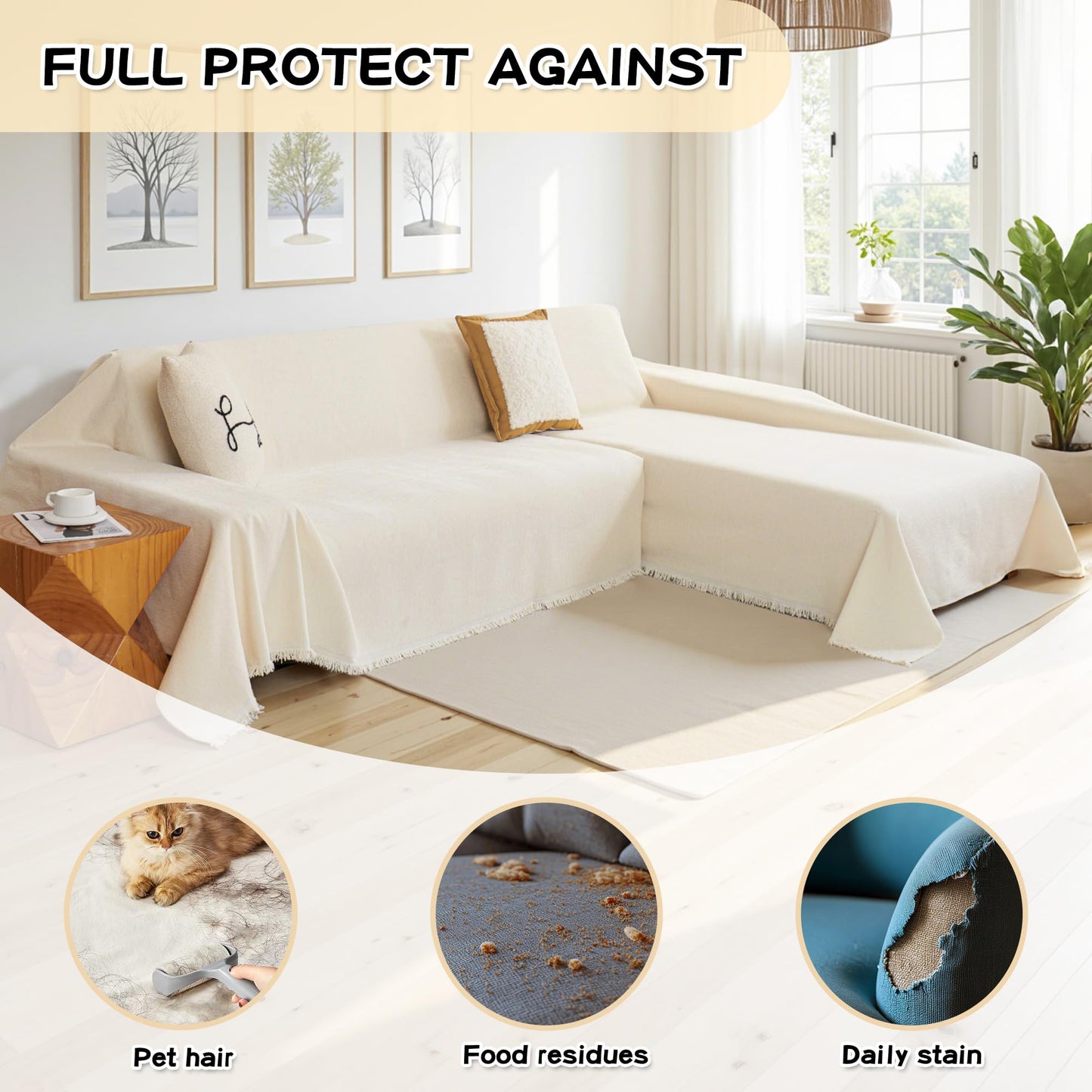 Couch Cover for Sectional Sofa, 2 PCS Sectional Couch Covers for L Shape Sofa Cover, Furniture Blanket for Pets, L Shaped Couch Cover, Sofa Slipcover for 3-4 Cushion Couch (71"x118"+91"x134", Beige)