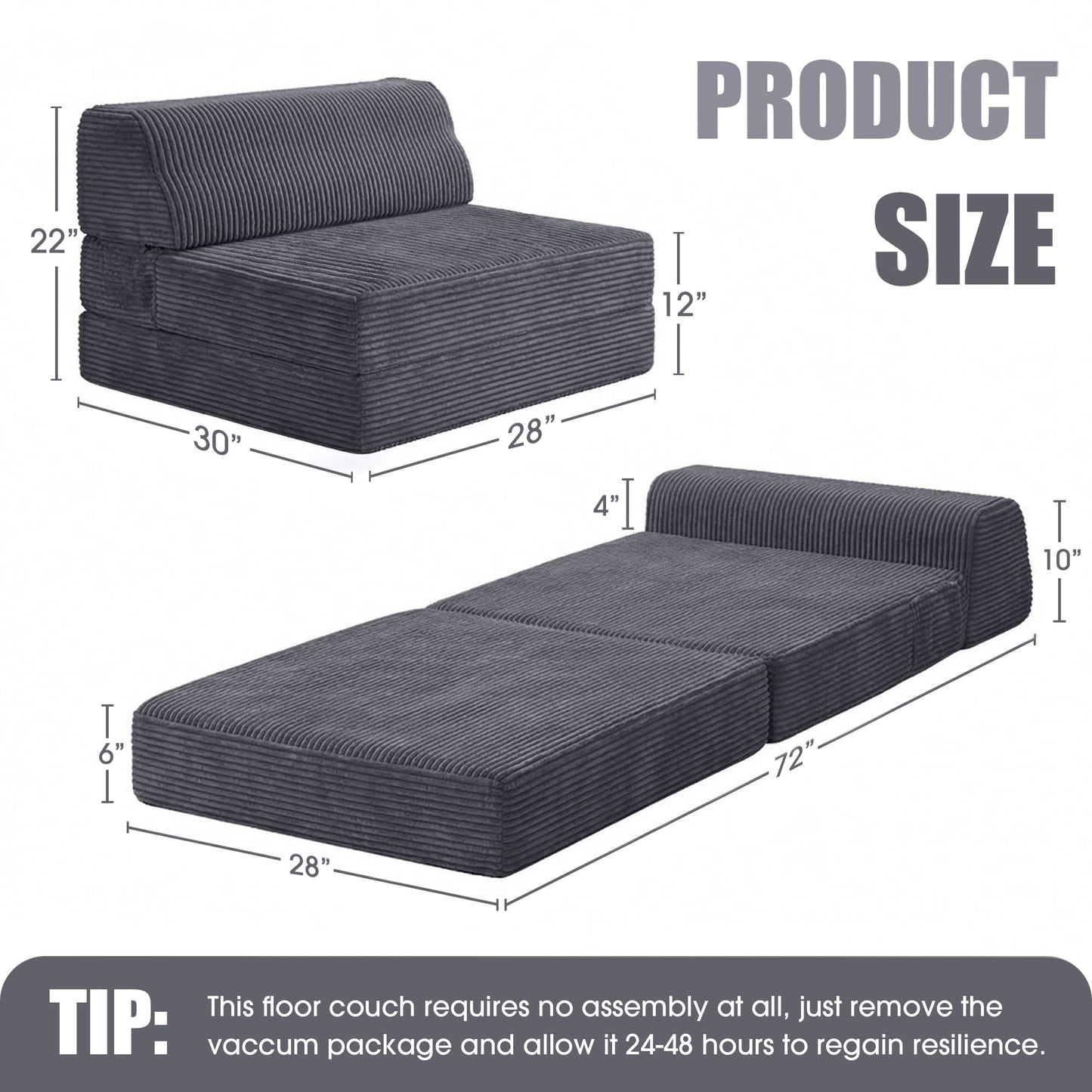 Kasunpul Folding Sofa Bed with Pillow, Memory Foam Fold Out Chair Bed, Convertible Sleeper Chair with Washable Cover, Futon Floor Couch for Living Room/Dorm/Guest Use/Home Office/Apartment, Gray