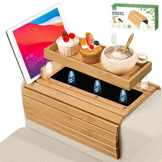 Joy&Grace Couch Arm Tray, 3-in-1 Magnetic Detachable Sofa Arm Table with Phone and Tablet Holder Bamboo Couch Cup Holder, Foldable Sofa Armrest Tray for Eating, Drinks, Phones (Natural)