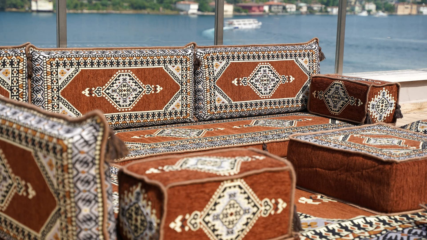 L Shaped Arabic Floor Cushions, Sectional Sofas, Arabic Majlis Set, Custom Made Sofa, Arabic Sofa Set, Seating Cushions (4'' Thickness Sofa, L Sofa Full Set, Brown)