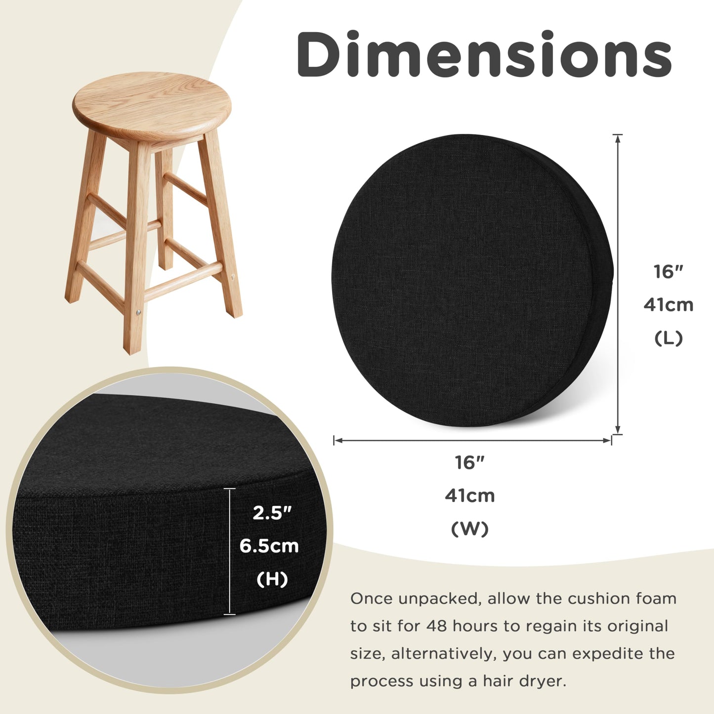 AddGrace 2.5" Thick Non Slip Round Chair Pad 1 Pack, 16" Round Chair Cushion with Machine-Washable Cover and Long Zipper, Seat Cushions for Kitchen, Office, Floor and 16" Ottoman, Black