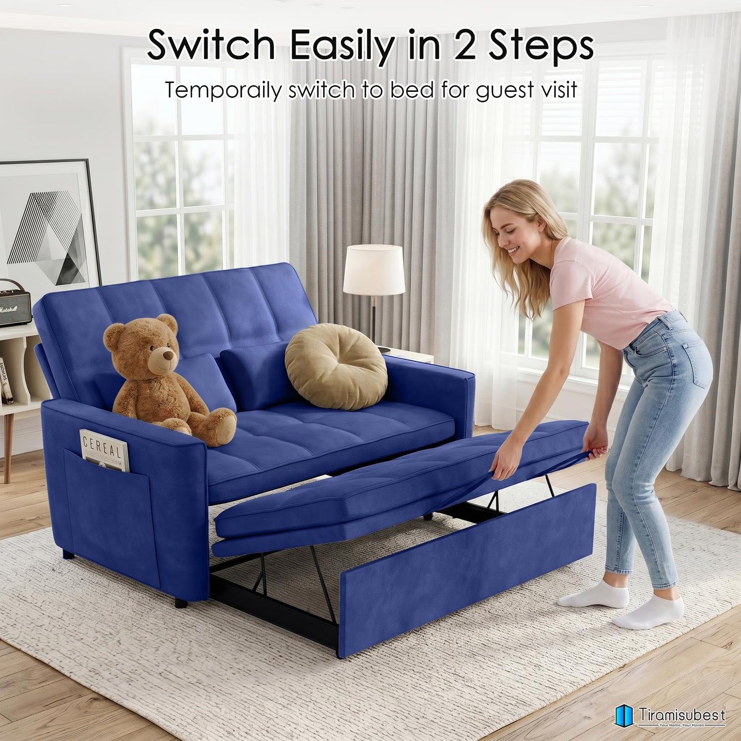 tiramisubest 54'' Sleeper Sofa Bed, Convertible Pull Out Couch Futon for for Living Room,Apartment (Blue, Loveseat) Side Pockets, Velvet Fabric, Adjustable Backrest, Pull-Out Bed, Easy Assembly