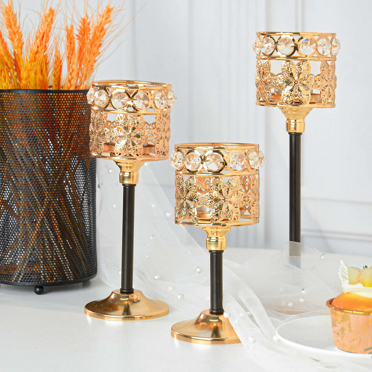 Kehail Set of 12 Floral-Carved Crystal & Metal Tealight Candelabras Bulk- Elegant Gold & Black Wedding Centerpiece, Dining Table Decor, Votive Candle Holders