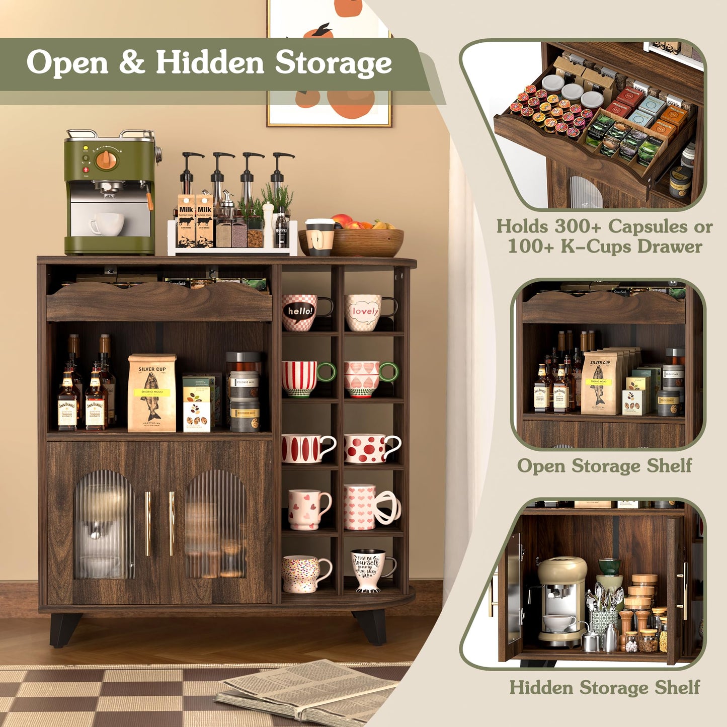 VINAEMO Coffee Bar Cabinet with 24-Cup Display, Large Drawer & Storage,Modern Buffet Sideboard for Kitchen, Medium Wooden Bar Station for Apartment，Walnut