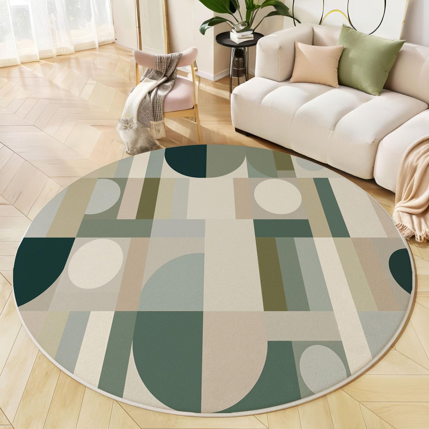 Geometric Abstraction Round Rug - 6Ft Washable Area Rug, Non-Slip Small Bathroom Rugs, Lightweight Semi-Circular Shape Print Carpet for Entryway, Sofa,Kids Room,Green