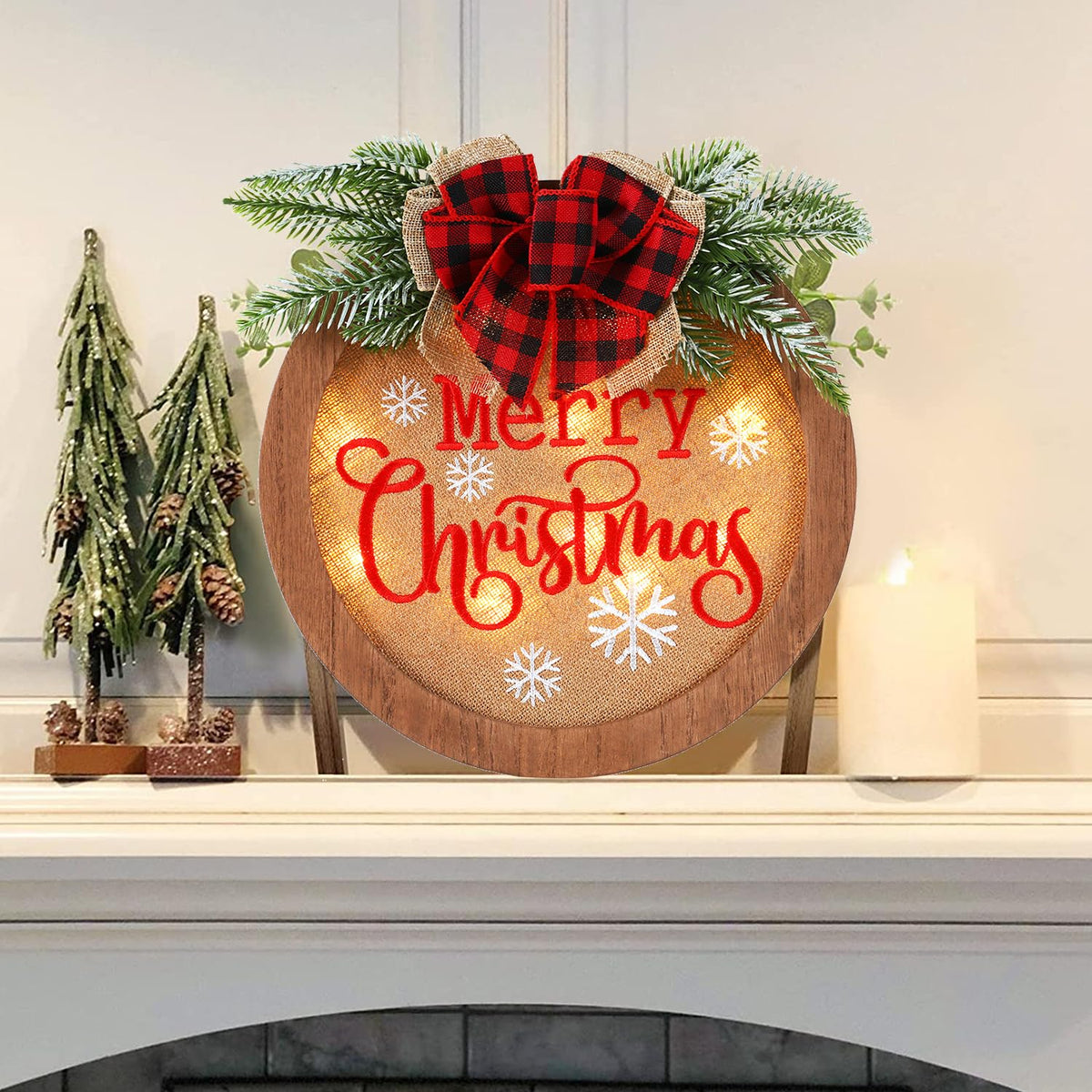 HOMCDALY Christmas Welcome Sign for Front Door, Winter Merry Christmas Wreath, Farmhouse Door Decoration Wooden Hanging Sign, Winter Home Decoration (F-Xmas)