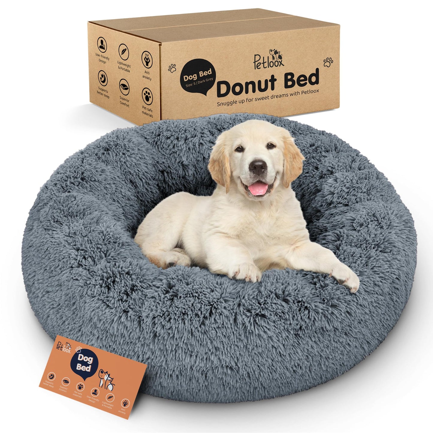 Donut Dog Bed - Premium Comfort for Anxiety Relief - Fluffy & Calming Design with Ultra-Plush Support | Cozy Round Dog Bed with Super Soft Circle Style (Dark Grey, Small)