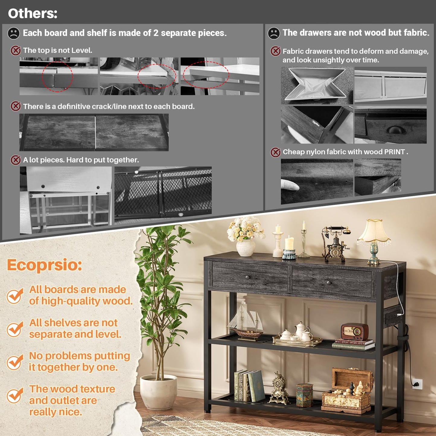 Ecoprsio Entryway Table with Outlets and USB Ports, Small Console Table with 2 Drawers, Sofa Table with Storage Shelves for Living Room, Couch, Hallway, Foyer, Kitchen Counter, 32'', Grey Oak