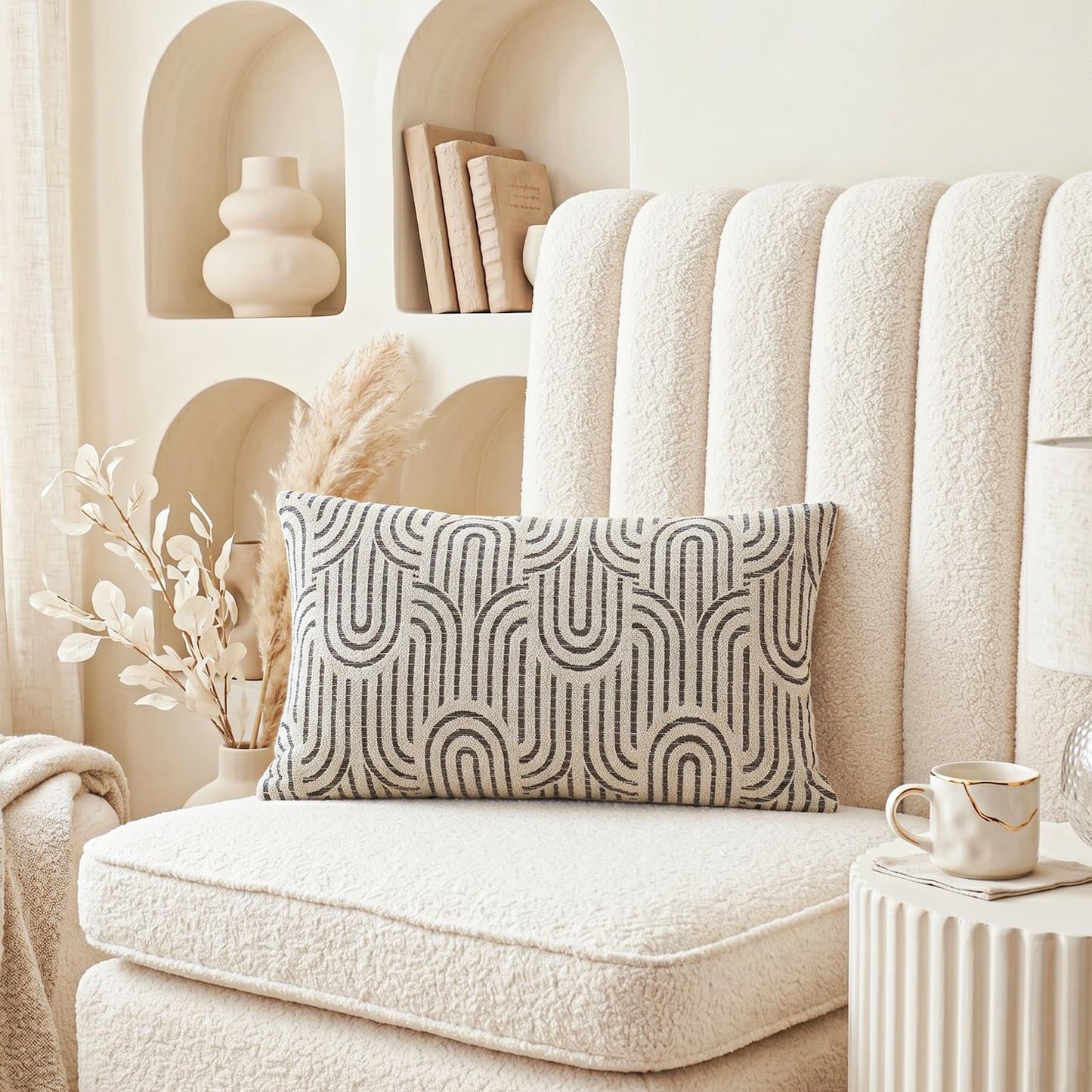Jonhier Geometric Lumbar Throw Pillow Cover, Textured Modern Boho Neutral Decorative Cushion Case for Couch Sofa Bedroom Bed, Arc Pattern Mid Century Farmhouse Khaki Accent Pillowcase, 12 x 20 Inch