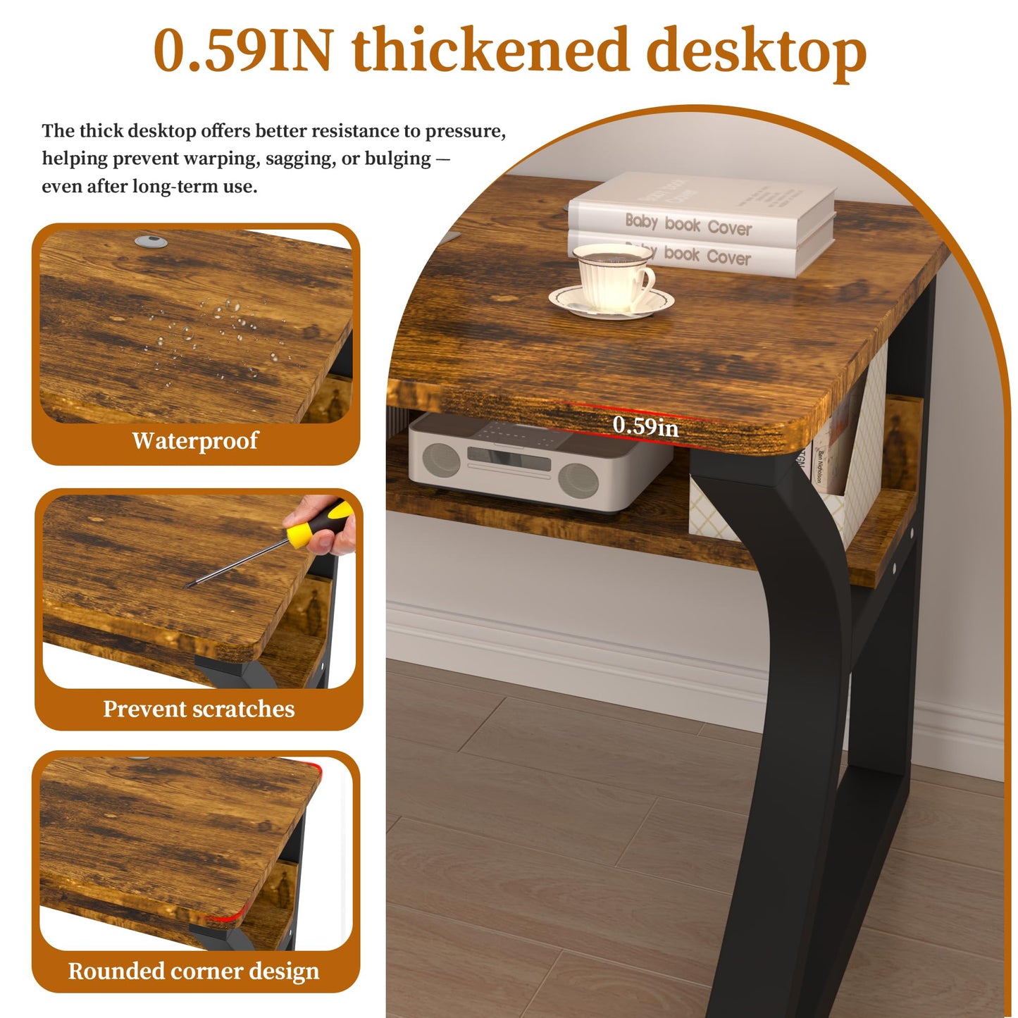 Ksortir 55'' Computer Desk Home Office Desk, Modern Computer Desk w/U Shaped Metal Frame, Storage Shelves, PC Table Study Writing Desk Workstation for Home Office (55inch/Brown)