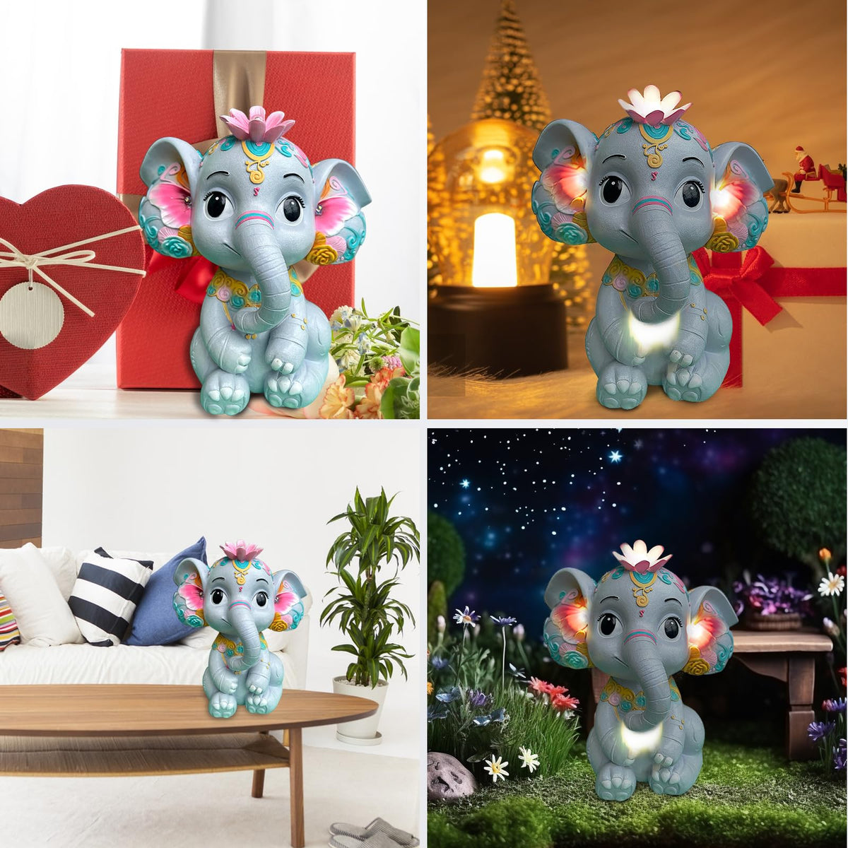Sgreatiny Solar Garden Elephant Statue with 4 LED Lights