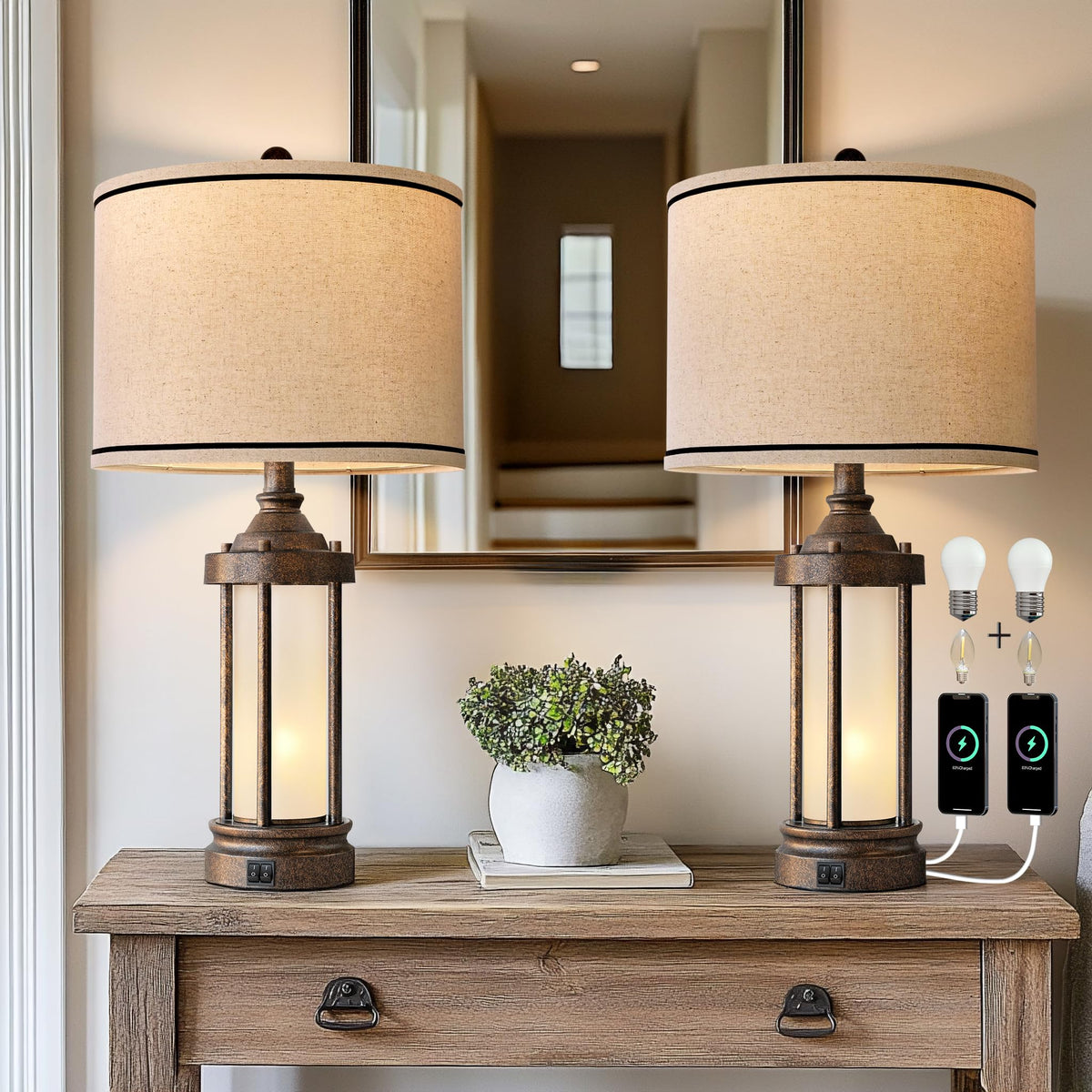 25'' Table Lamps Set of 2 for Living Room Bedroom Farmhouse Metal Lamps with 2 USB Ports, Built-In Frosted Glass Night Light Vintage Industrial Nightstand Bedside Lamp, 4 Bulbs Included, Bronze