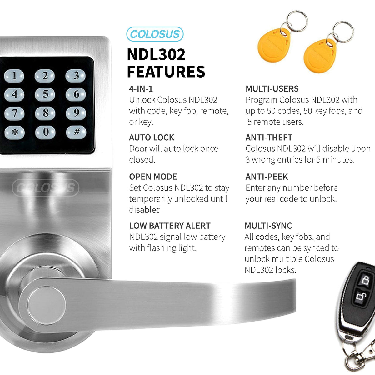 Electronic Smart Door Lock, Keyless Entry with Keypad, Key Fobs, Remote Control, Keys for Home, Office or Commercial, Silver NDL302