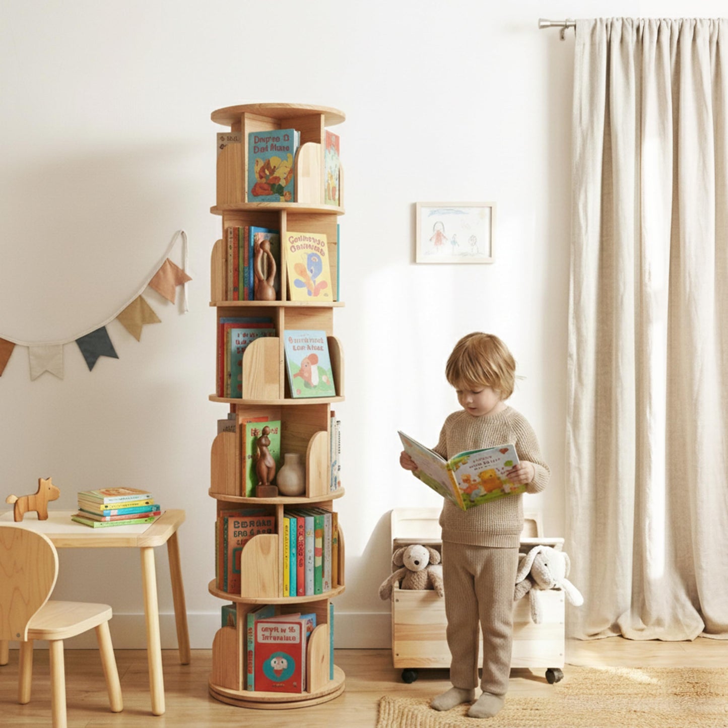 Maison Atelier 6-Tier Rotating Bookshelf with 18″ Wide Shelves, Solid Wood Bookcase for Living Room, Bedroom & Kids Room, Space-Saving Corner Bookshelf with Lazy Susan Organizer - [Pine]