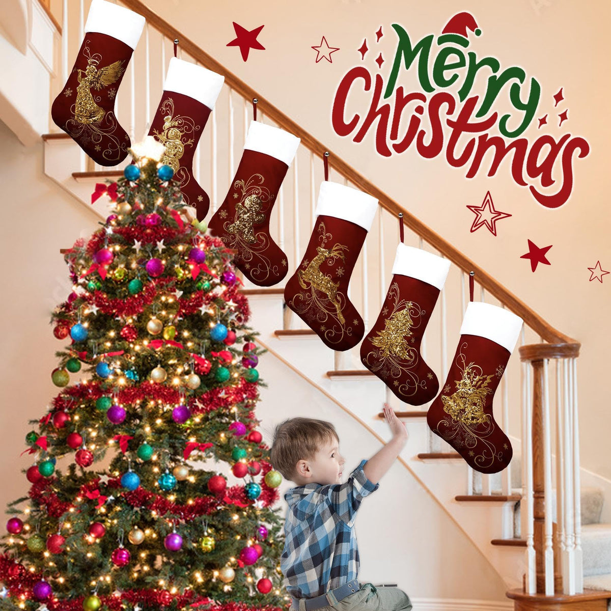 Roycraft Christmas Stockings Set of 6 Velvet Gold 19 inches Red Sequins Christmas Stockings Fireplace Hanging Ornament for Family Decorations Holiday