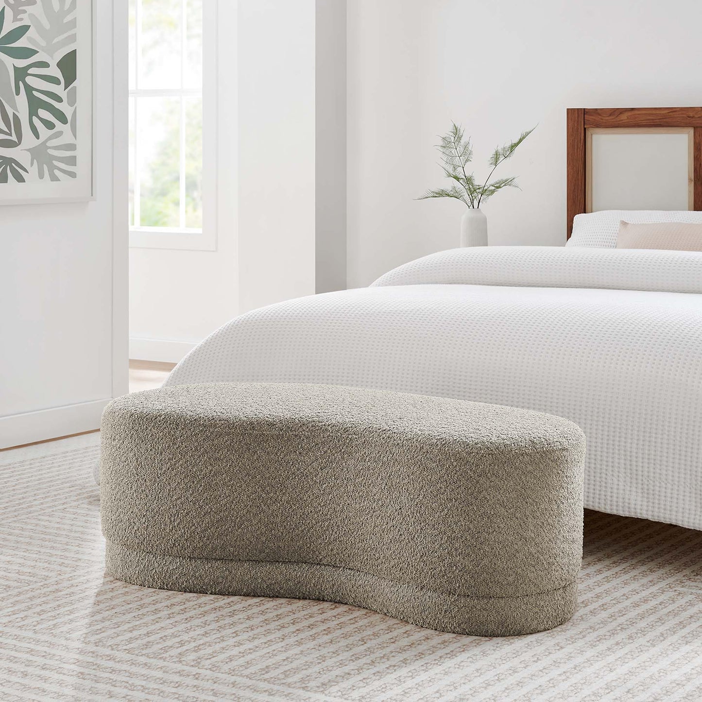 Modway Nimbus 48 Inch Curved Ottoman Bench in Oat - Soft Fabric Chenille Ottoman - Versatile Bedroom Bench - Bouclé Footstool - Upholstered Coffee Table - Bedroom and Living Room Furniture