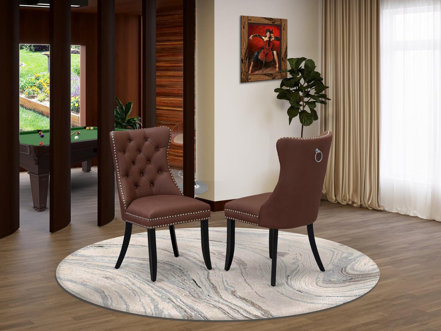 East West Furniture DAP6F26 Dallas Parson Dining Room Chairs - Button Tufted Nailhead Burgundy Polyester Fabric Padded Chairs, Set of 2, Wirebrushed Black