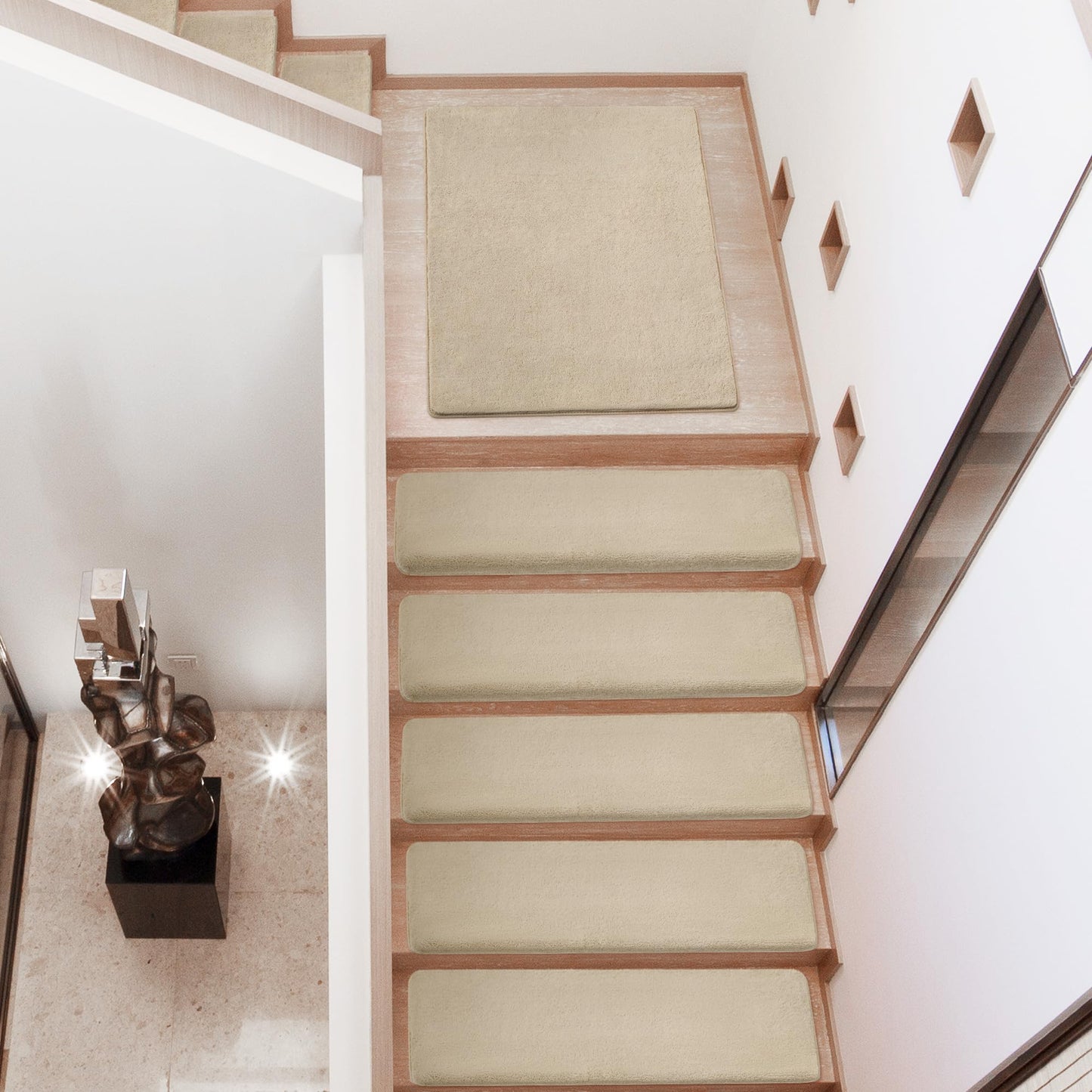 PURE ERA Carpet Stair Treads Ultra Plush 9.5" X 30"Soft Bullnose Indoor Stair Protectors Pet-Friendly Non-Slip Skid Resistant Tape Free Washable Reusable(2 Pieces,Beige)