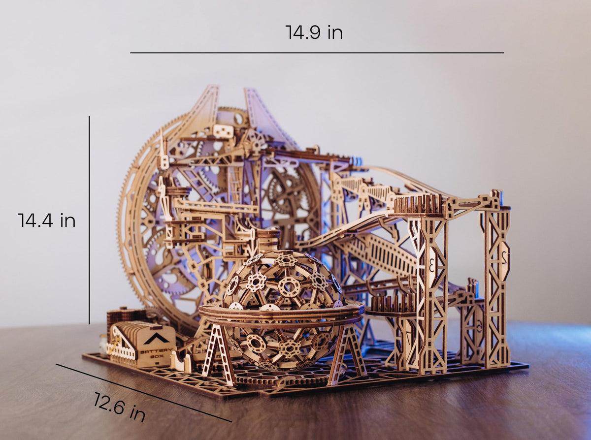 Wood Trick Wooden Marble Run Electric Motorized - 3D Wooden Puzzles for Adults to Build - 15x14 in - Roller Coaster Wooden Model Kits for Adults to Build