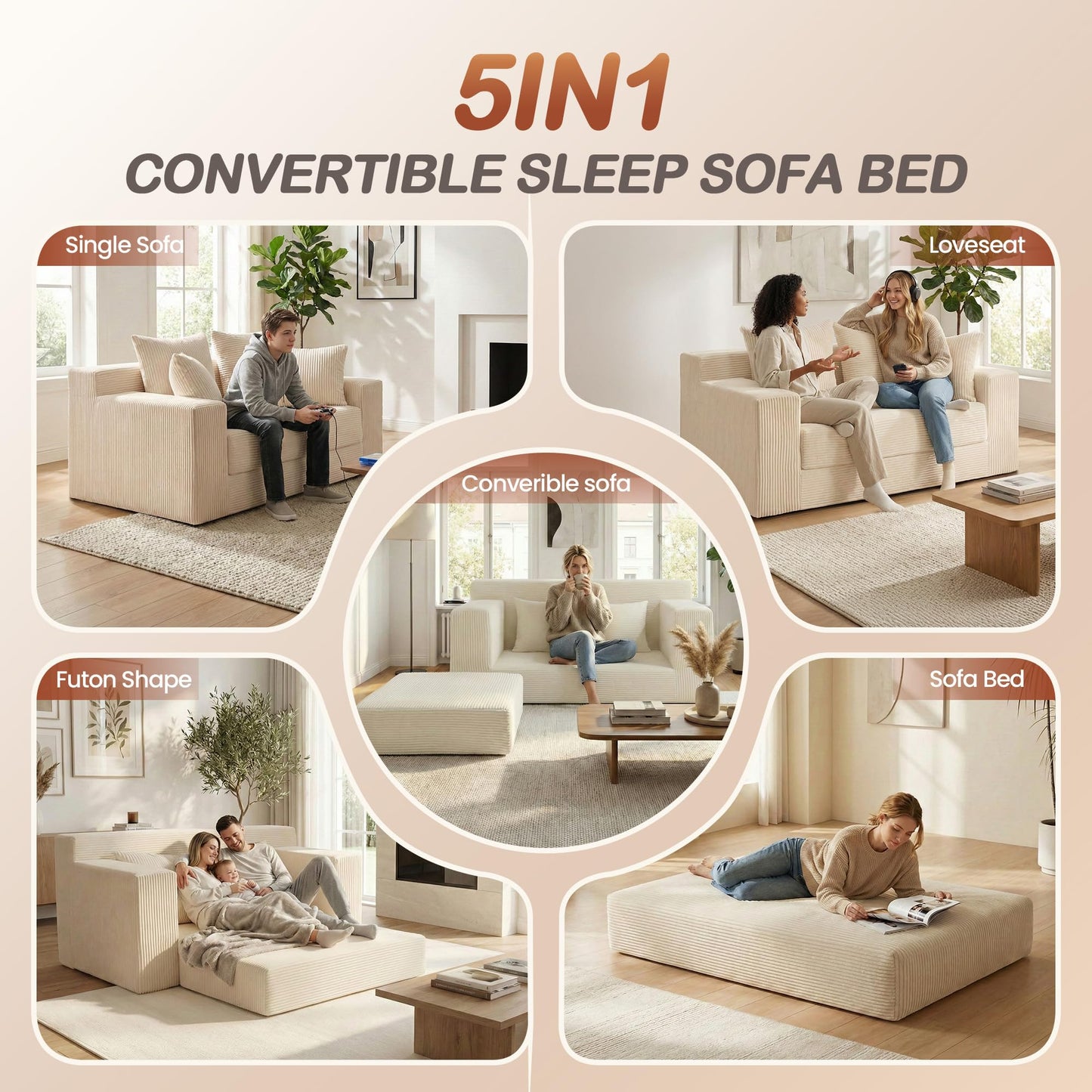 AOLVDOW Convertible Sofa Bed, 5 in 1 Small Boneless Couch Pull Out Loveseat Sleeper Sofa,Corduroy Futon Couch Folding Mattress with 4 Pillows for Living Room